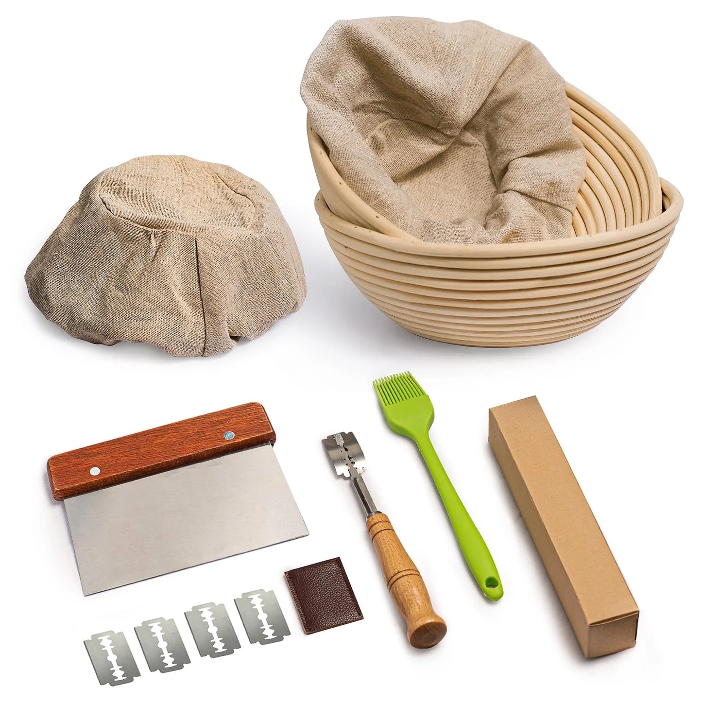 Bread Banneton Proofing Basket Set of 2, Domaci 9 Inch Round & 10 Oval Cane Sourdough Baskets with Lame,Dough Scraper Linen Liner Basting Brush for Making Baking Fermentation ﻿