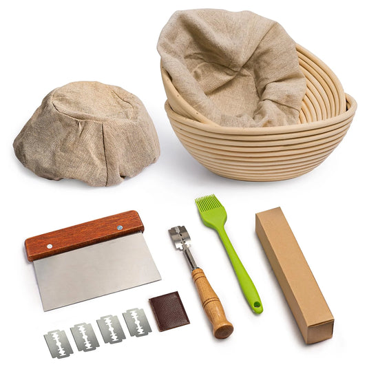 Bread Banneton Proofing Basket Set of 2, Domaci 9 Inch Round & 10 Oval Cane Sourdough Baskets with Lame,Dough Scraper Linen Liner Basting Brush for Making Baking Fermentation ﻿