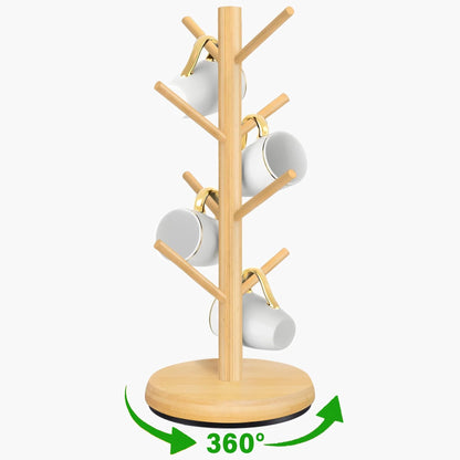 Mug Holder Tree, Domaci 360° Rotated 8 Hooks Coffee Cup Holder for Counter,Wood Coffee Mug Rack Standing for Coffee Bar Accessories and Kitchen Home Organizer (Natural)