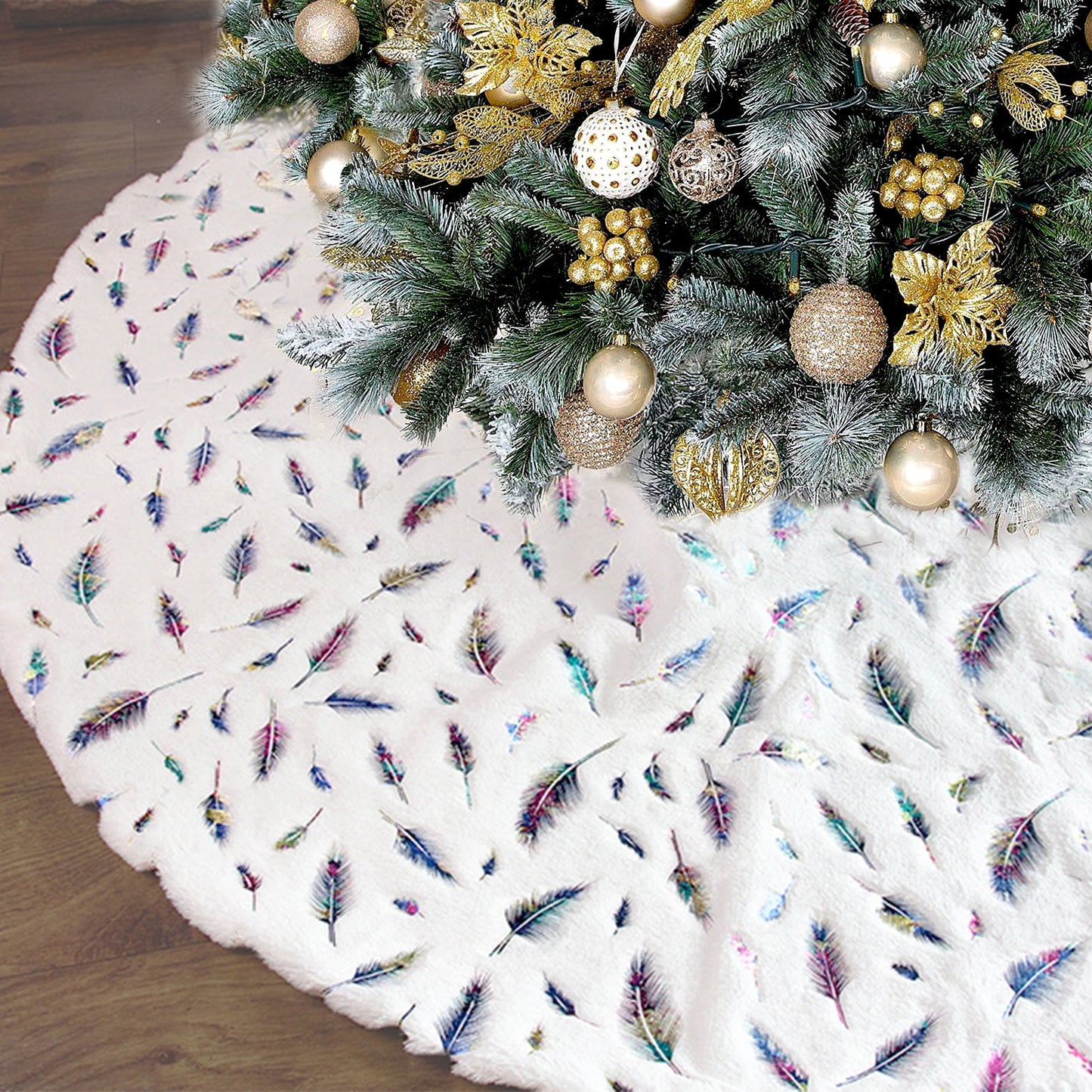 Tree Skirt, Larger 48'' Feather Xmas Tree Skirt, Holidays Decorations Indoor, White