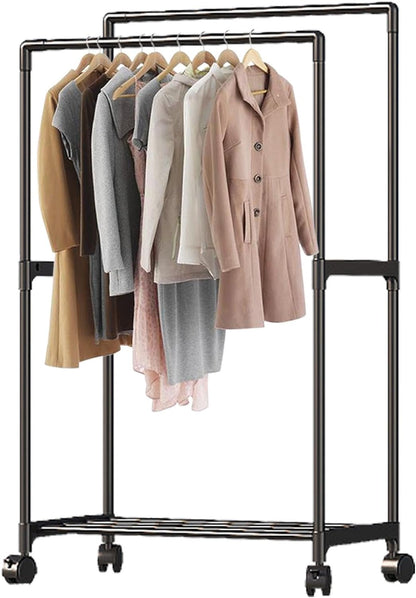 Double Rail Clothes Rack, Domaci Coat and Shoe Rack Entryway Hall Tree, Heavy Duty Clothes Drying Rack, Metal Double Rod Clothing Garment Rack Coat Rail Black