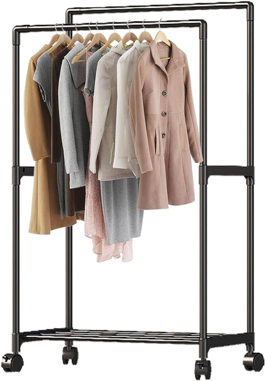 Double Rail Clothes Rack, Domaci Coat and Shoe Rack Entryway Hall Tree, Heavy Duty Clothes Drying Rack, Metal Double Rod Clothing Garment Rack Coat Rail Black