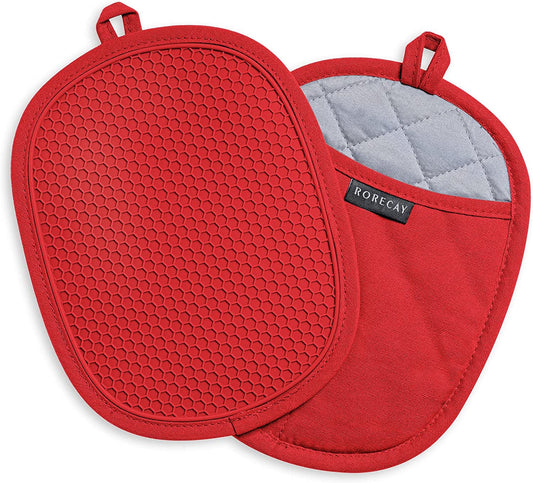 Rorecay Silicone Pot Holders Sets: Heat Resistant Oven Hot Pads with Pockets Non Slip Grip Large Potholders for Kitchen Baking Cooking | Quilted Liner | 9.8 x 7.6 Inches (Red, 2)