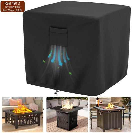 Fire Pit Cover Square, Waterproof Heavy Duty 420D Gas Fire Pit Table Cover with PVC Coating,2 Handles, 2 Air Vents,100% Waterproof,Anti-Crack, 32 x 32 x 24 inch Fits for 29”,30",31",32", Weight: 0.8LB