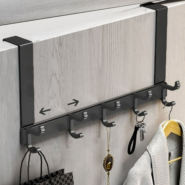 Over The Door Hooks for Hanging,Heavy Duty Hanger Holder for Hanging with 5 Dual Hooks,Over The Door Hanger Hook, Black Over the Door Towel Rack Fits 1-3/4" Thick Door