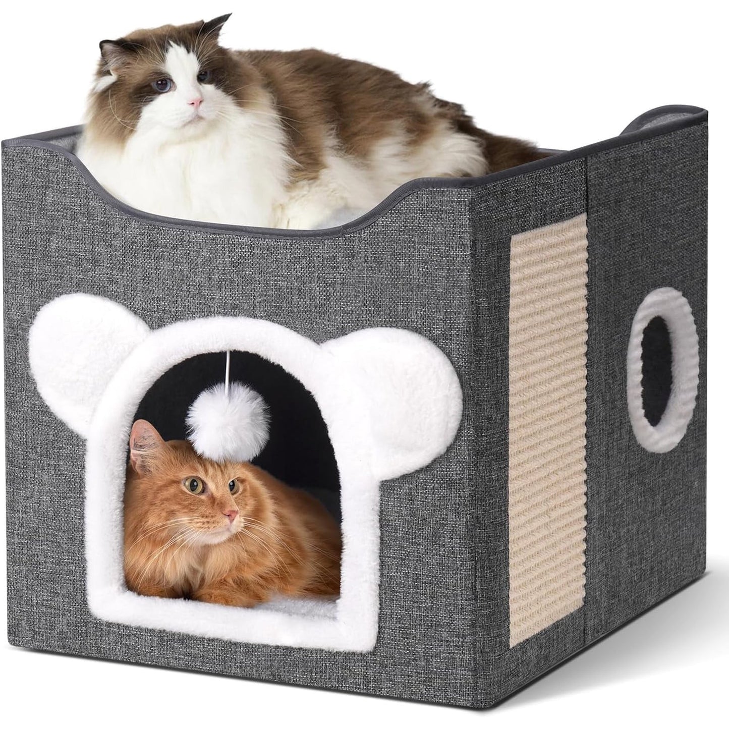 Cat Houses for Indoor Cats,Large Cat Cave with Fluffy Ball and Scratch Pad, Covered Cat Bed House, Foldable Cat Hideaway, 15.8”x15.8”x15.2”