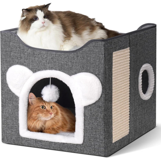 Cat Houses for Indoor Cats,Large Cat Cave with Fluffy Ball and Scratch Pad, Covered Cat Bed House, Foldable Cat Hideaway, 15.8”x15.8”x15.2”