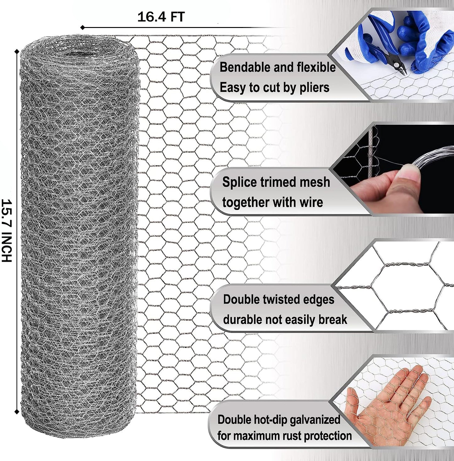 Chicken Wire Fencing Mesh,15.7in x 16.4ft Chicken Wire Net for Craft, Chicken Wire Fence Mesh with Plier, Protective Gloves for Crafts Garden Poultry Chicken Coops Rabbit Rodent Cage