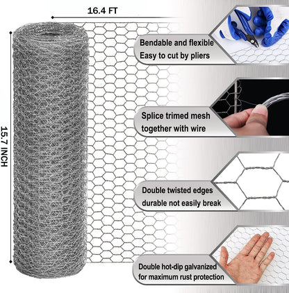 Chicken Wire Fencing Mesh,15.7in x 16.4ft Chicken Wire Net for Craft, Chicken Wire Fence Mesh with Plier, Protective Gloves for Crafts Garden Poultry Chicken Coops Rabbit Rodent Cage