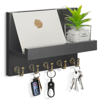 Key Holder for Wall, Dinosam Mail Organizer Wall Mount with 5 Key Hook and Mail Holder, Designer Key Rack Suitable for Entryway, Hallway, Bedroom, Living Room and Office,Black