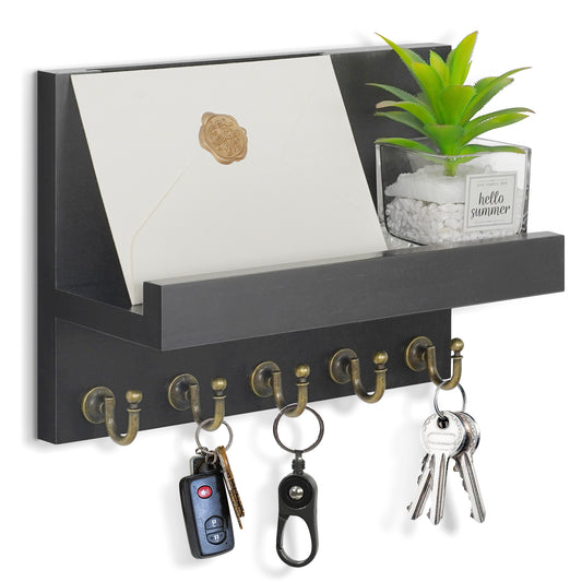 Key Holder for Wall, Dinosam Mail Organizer Wall Mount with 5 Key Hook and Mail Holder, Designer Key Rack Suitable for Entryway, Hallway, Bedroom, Living Room and Office,Black