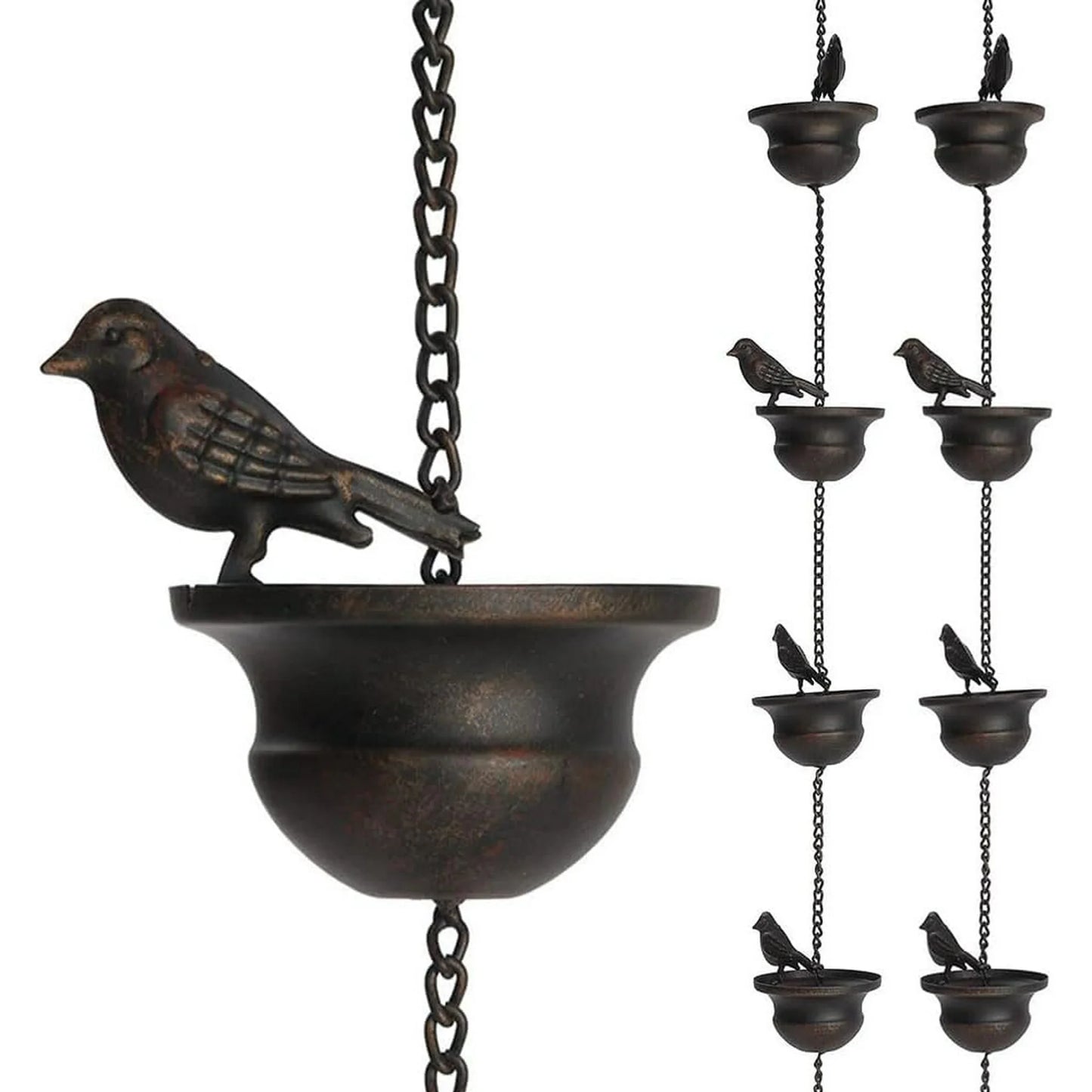 8 Feet Birds on Cup Mobile Rain Chain Mobile Bronze Decorative Bird Rain Chain Replacement Downspout Drainage Rain Chain 8 Birds Cups for Outdoor Courtyard Garden