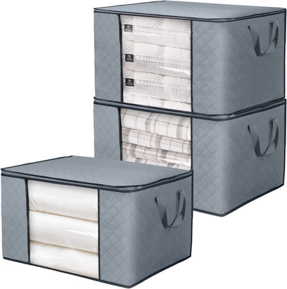 Clothes Storage, 3 Pack 84L Large Clothes Storage Bags, Foldable Closet Organizer Storage Containers with Reinforced Handle, Clear Window, Sturdy Zippers, Gray