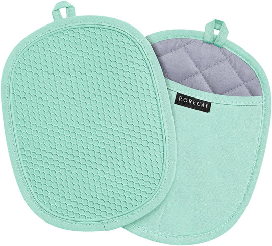 Silicone Pot Holders Sets: Heat Resistant Oven Hot Pads with Pockets Non Slip Grip Large Potholders for Kitchen Baking Cooking | Quilted Liner | 9.8 x 7.6 Inches (2, Bermuda Teal)