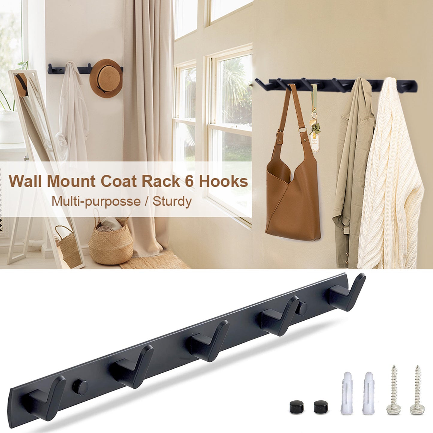 Coat Rack Wall Mount with 6 Wall Hooks, Black Coat Hangers for Wall, Dinosam Wall Mounted Modern Aluminum Coat Hooks Hat Hooks Suitable for Living Room Entrance, Bedroom, Kitchen, Bathroom