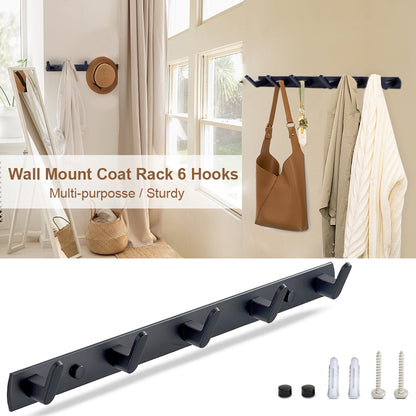Coat Rack Wall Mount with 6 Wall Hooks, Black Coat Hangers for Wall, Dinosam Wall Mounted Modern Aluminum Coat Hooks Hat Hooks Suitable for Living Room Entrance, Bedroom, Kitchen, Bathroom