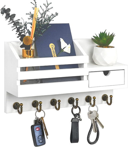 Key Holder for Wall,Dinosam Mail Organizer Wall Mount with Drawer,Mail Holder Shelf and 6 Sturdy Hooks,Hanging Key Rack Hanger for Entryway, Hallway, Bedroom, Living Room and Office，White