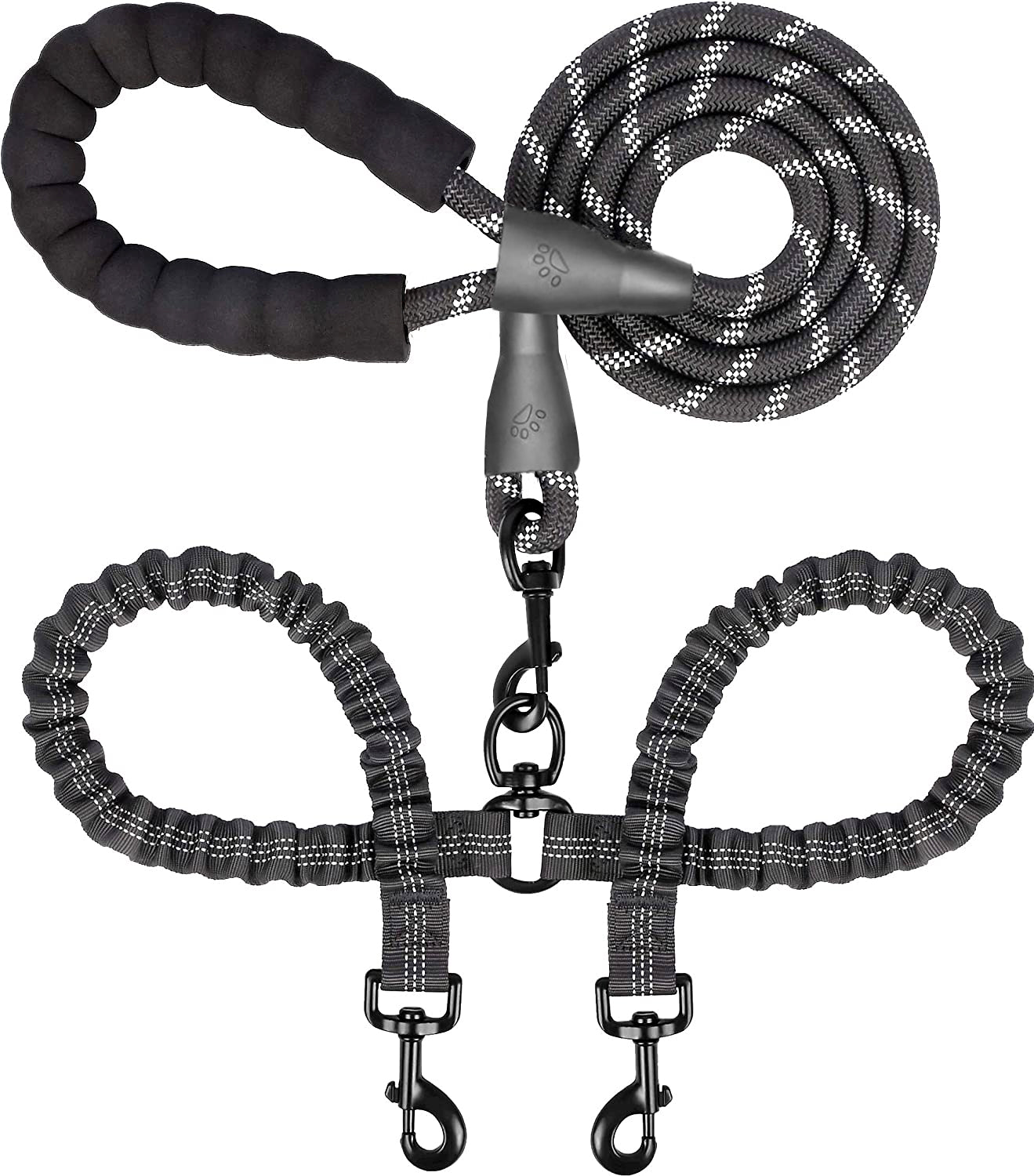 Double Dog Leash for 2 Dogs, Dual Dog Training Leash, Dinosam 360 Swivel No Tangle Walking Two Dog Leash for Dog Training, Shock Absorbing Bungee Double Leash for 2 Dogs, Black (25-150 lbs)