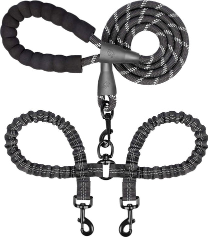 Double Dog Leash for 2 Dogs, Dual Dog Training Leash, Dinosam 360 Swivel No Tangle Walking Two Dog Leash for Dog Training, Shock Absorbing Bungee Double Leash for 2 Dogs, Black (25-150 lbs)