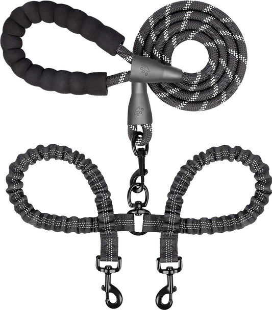 Double Dog Leash for 2 Dogs, Dual Dog Training Leash, Dinosam 360 Swivel No Tangle Walking Two Dog Leash for Dog Training, Shock Absorbing Bungee Double Leash for 2 Dogs, Black (25-150 lbs)