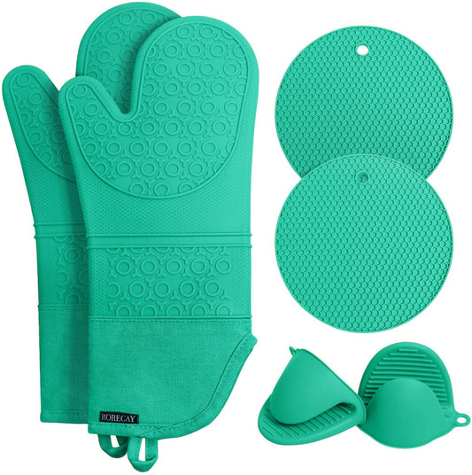 Extra Long Oven Mitts and Pot Holders Sets, RORECAY Heat Resistant Silicone Oven Mittens with Mini Oven Gloves and Hot Pads Potholders for Kitchen Baking Cooking, Quilted Liner, Green, Pack of 6