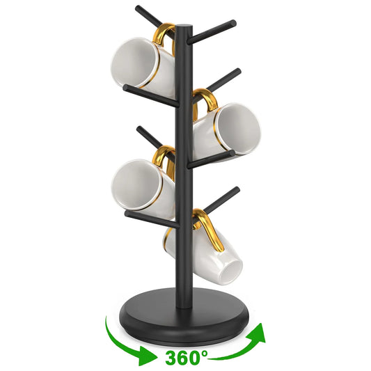 Mug Holder Tree, Domaci 360° Rotated 8 Hooks Coffee Cup Holder for Counter,Wood Coffee Mug Rack Standing for Coffee Bar Accessories and Kitchen Home Organizer (Black)