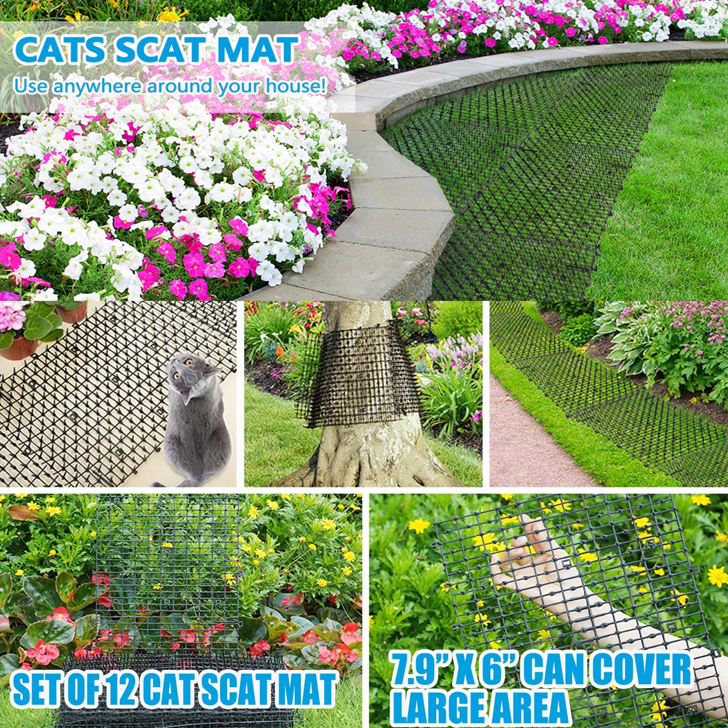Cat Scat Mat 7.9 X 6 Inches (Set of 12) - Keep Cats Out of Yard Permanently - Scat Mat for Cats- Spike Mat with 8 U-shaped Nail