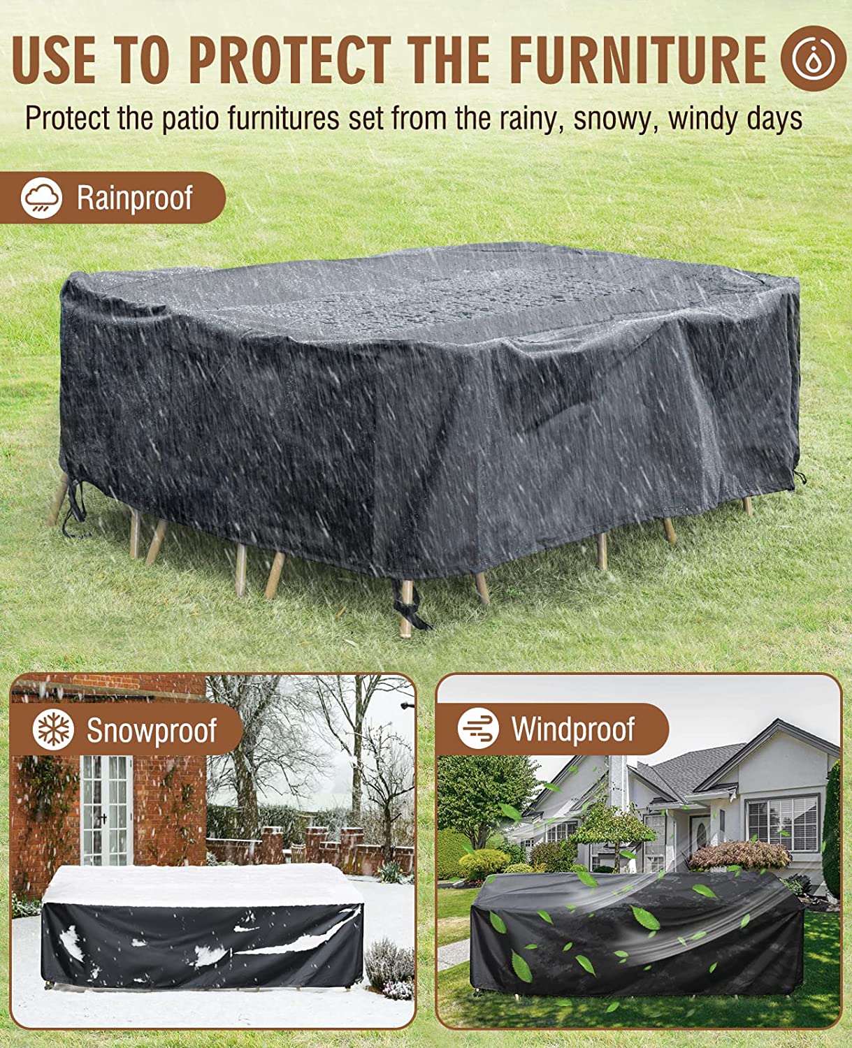 Patio Furniture Covers Waterproof, Outdoor Furniture Set for Winter, Durable Outdoor Furniture Covers with 4 Windproof Buckles,Black Patio Table Cover Fits