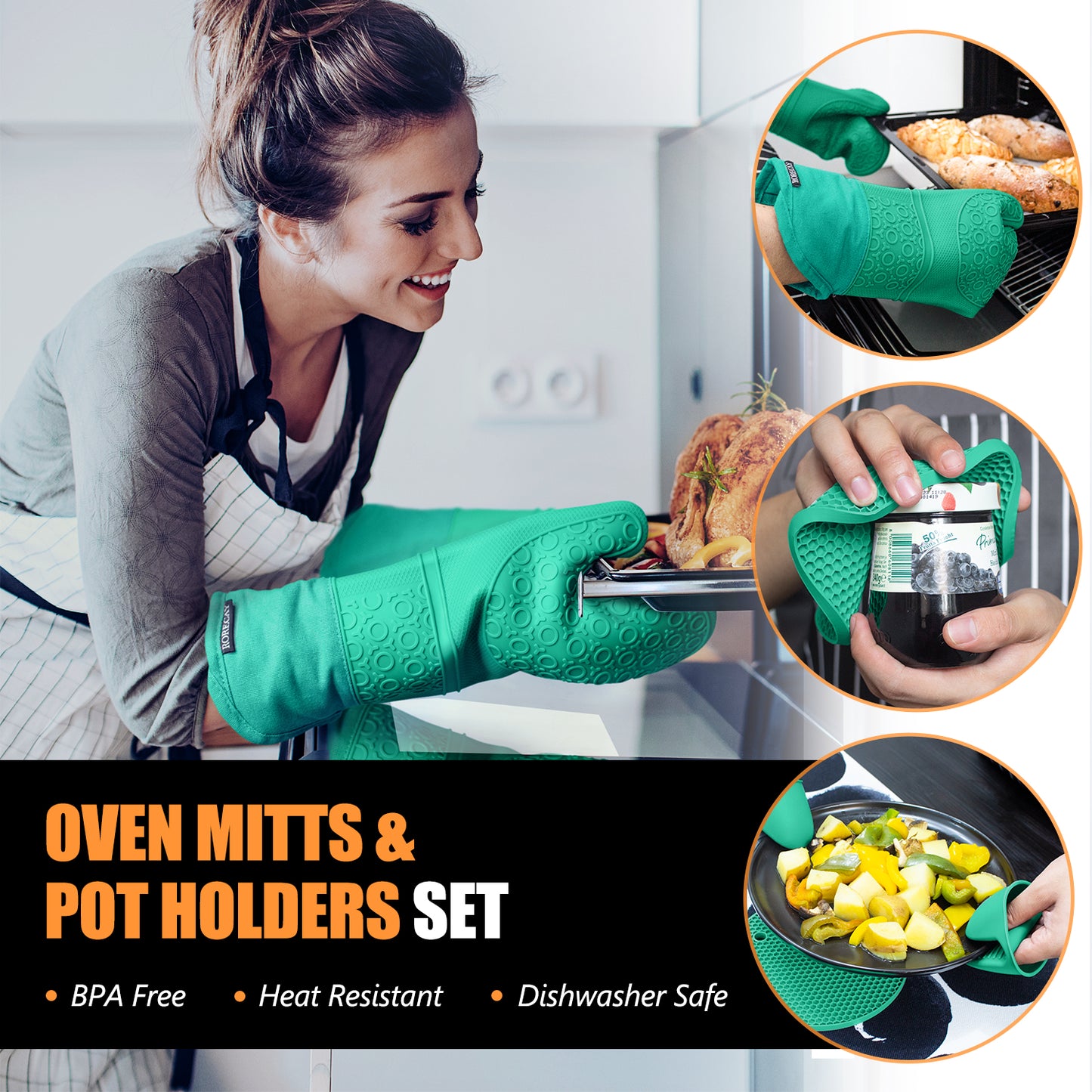 Extra Long Oven Mitts and Pot Holders Sets, RORECAY Heat Resistant Silicone Oven Mittens with Mini Oven Gloves and Hot Pads Potholders for Kitchen Baking Cooking, Quilted Liner, Green, Pack of 6