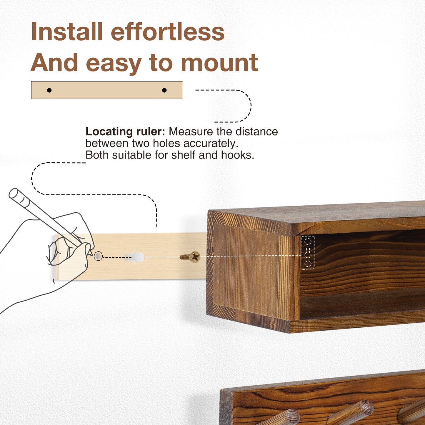 Coat Rack Wall Mount with Shelf, Domaci Entryway Floating Shelf with 6 Hooks, Wood Coat Hangers for Entryway, Living Room, Bedroom, Brown
