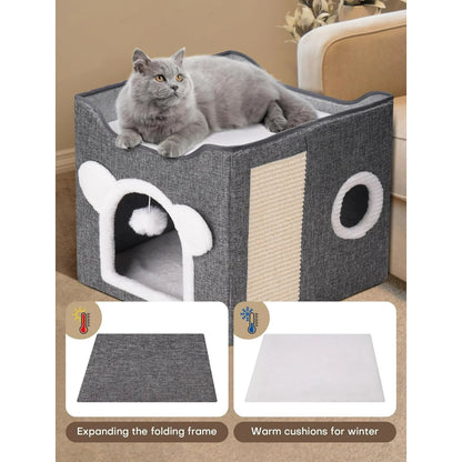 Cat Houses for Indoor Cats,Large Cat Cave with Fluffy Ball and Scratch Pad, Covered Cat Bed House, Foldable Cat Hideaway, 15.8”x15.8”x15.2”