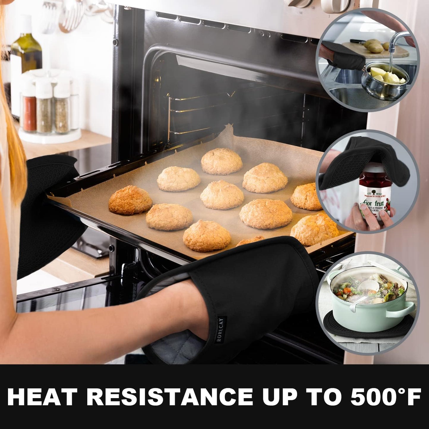 Pot Holders Sets of 2, Silicone Hot Pads for Kitchen,Heat Resistant Oven Mitts Pads with Pockets Non Slip Grip, Large Potholders,Trivets for Cooking, Baking,Black