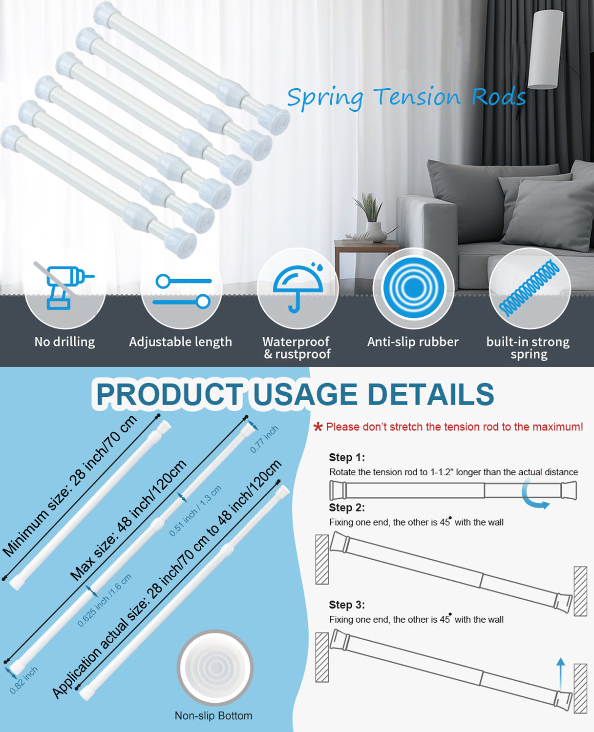 6 Pcs Spring Tension Curtain Rod, 28"-48" Adjustable Curtain Rods No Drilling Tension Rods for Windows 28 to 48 inch Bathroom Wardrobe Closet, White