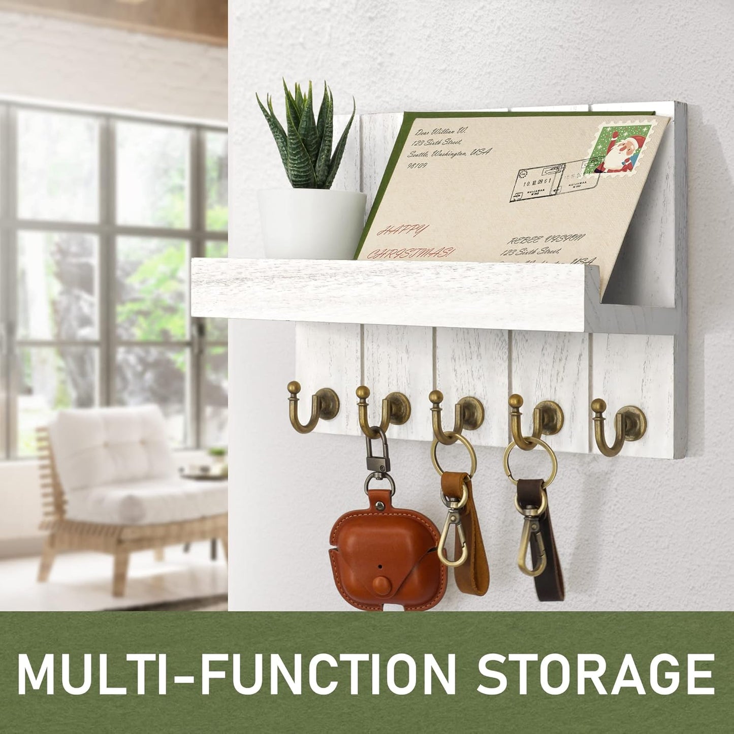 Key Holder for Wall, Domaci Mail Organizer Wall Mount with 5 Key Hooks and Mail Holder, Key Rack Suitable for Entryway, Hallway, Bedroom, Living Room and Office, White