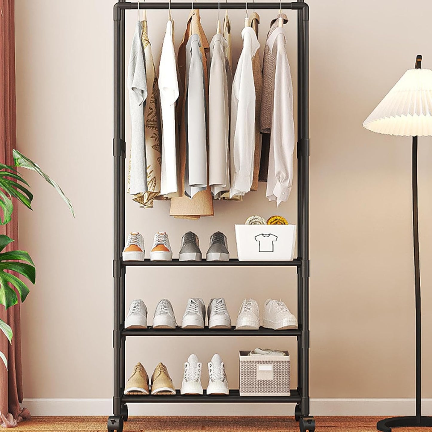 Double Rail Clothes Rack, Domaci Coat and Shoe Rack Entryway Hall Tree, Heavy Duty Clothes Drying Rack, Metal Double Rod Clothing Garment Rack Coat Rail Black