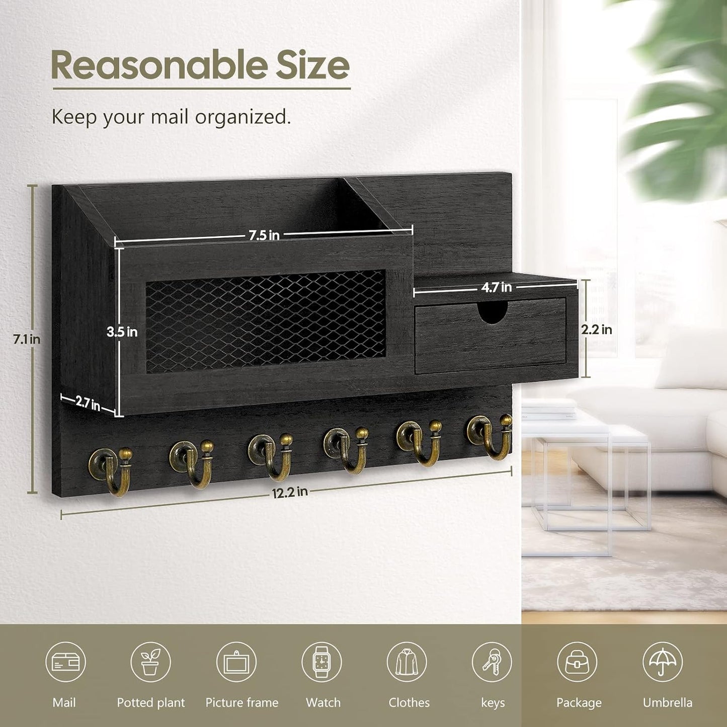 Key Holder for Wall,Dinosam Updated Mail Organizer Wall Mount with Drawer,Mail Holder Shelf and 6 Sturdy Hooks,Hanging Key Rack Hanger for Entryway, Hallway, Bedroom, Living Room and Office,Black