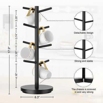 Mug Holder Tree, Domaci 360° Rotated 8 Hooks Coffee Cup Holder for Counter,Wood Coffee Mug Rack Standing for Coffee Bar Accessories and Kitchen Home Organizer (Black)