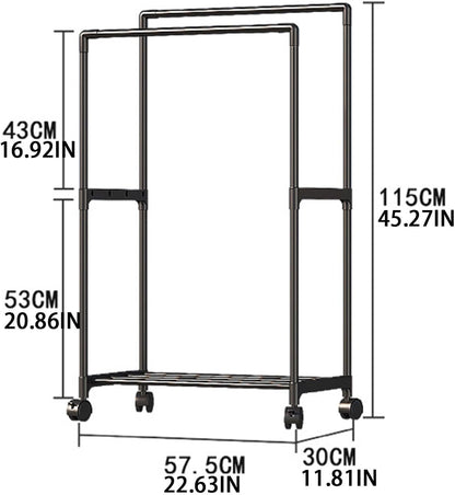 Double Rail Clothes Rack, Domaci Coat and Shoe Rack Entryway Hall Tree, Heavy Duty Clothes Drying Rack, Metal Double Rod Clothing Garment Rack Coat Rail Black
