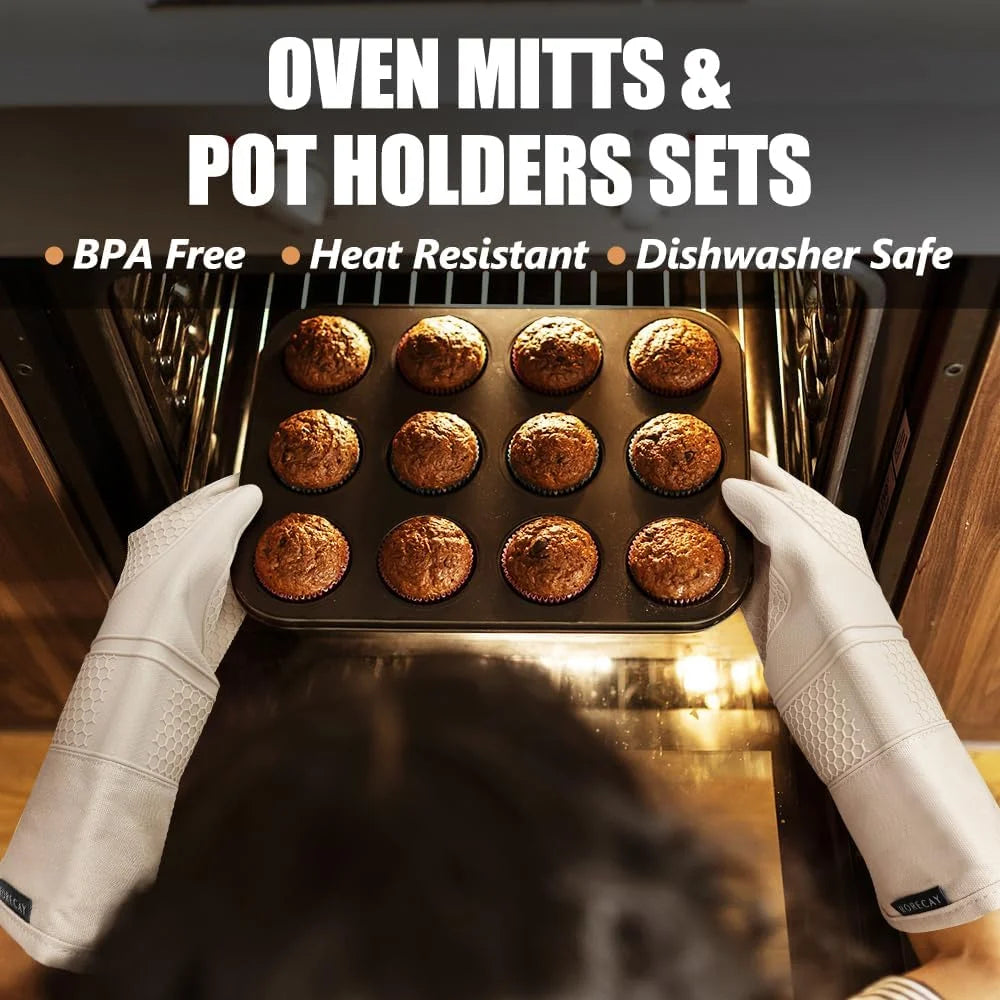 Extra Long Oven Mitts and Pot Holders Sets, RORECAY Heat Resistant Silicone Oven Mittens with Mini Oven Gloves and Hot Pads Potholders for Kitchen Baking Cooking, Quilted Liner, Milkshake, Pack of 6