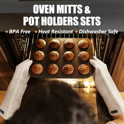 Extra Long Oven Mitts and Pot Holders Sets, RORECAY Heat Resistant Silicone Oven Mittens with Mini Oven Gloves and Hot Pads Potholders for Kitchen Baking Cooking, Quilted Liner, Milkshake, Pack of 6