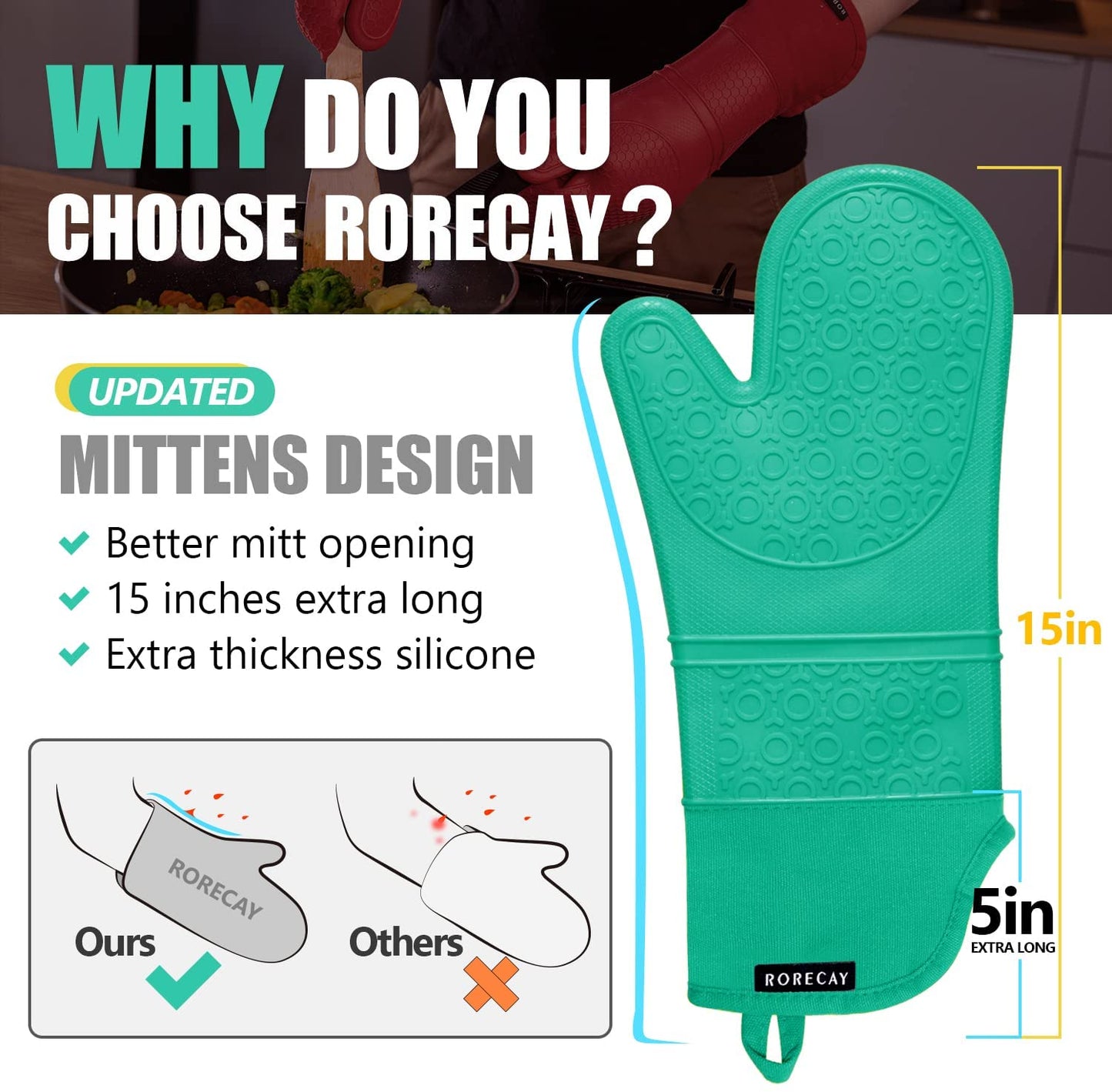Extra Long Oven Mitts and Pot Holders Sets, RORECAY Heat Resistant Silicone Oven Mittens with Mini Oven Gloves and Hot Pads Potholders for Kitchen Baking Cooking, Quilted Liner, Green, Pack of 6