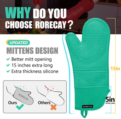 Extra Long Oven Mitts and Pot Holders Sets, RORECAY Heat Resistant Silicone Oven Mittens with Mini Oven Gloves and Hot Pads Potholders for Kitchen Baking Cooking, Quilted Liner, Green, Pack of 6