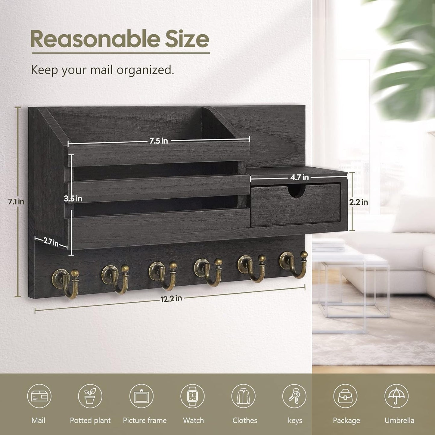Key Holder for Wall,Dinosam Mail Organizer Wall Mount with Drawer,Mail Holder Shelf and 6 Sturdy Hooks,Hanging Key Rack Hanger for Entryway, Hallway, Bedroom, Living Room and Office，Black