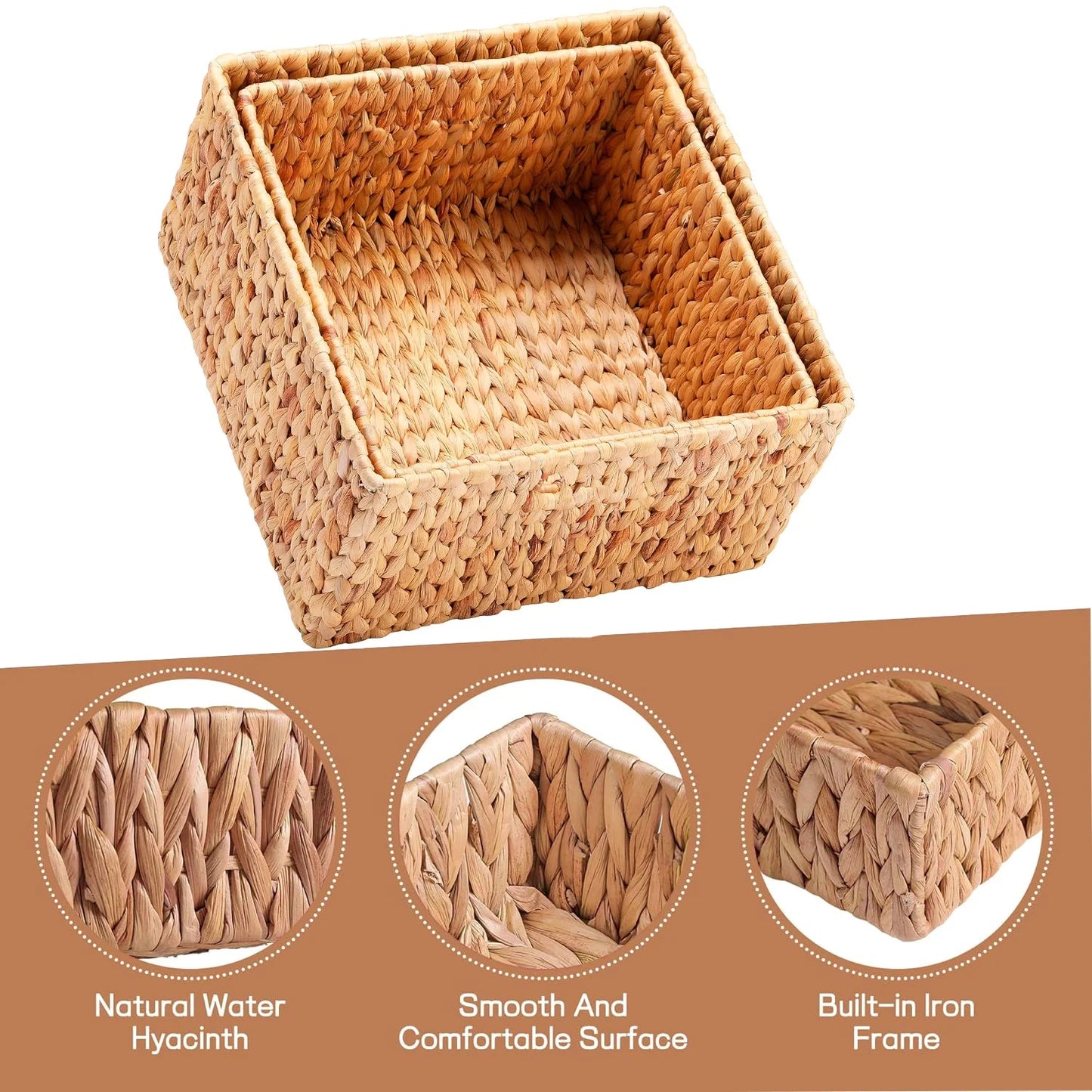 2PCS Wicker Storage Basket ,Domaci Water Hyacinth Storage Baskets,Wicker Cube Baskets Set