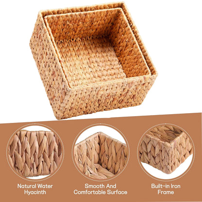 2PCS Wicker Storage Basket ,Domaci Water Hyacinth Storage Baskets,Wicker Cube Baskets Set