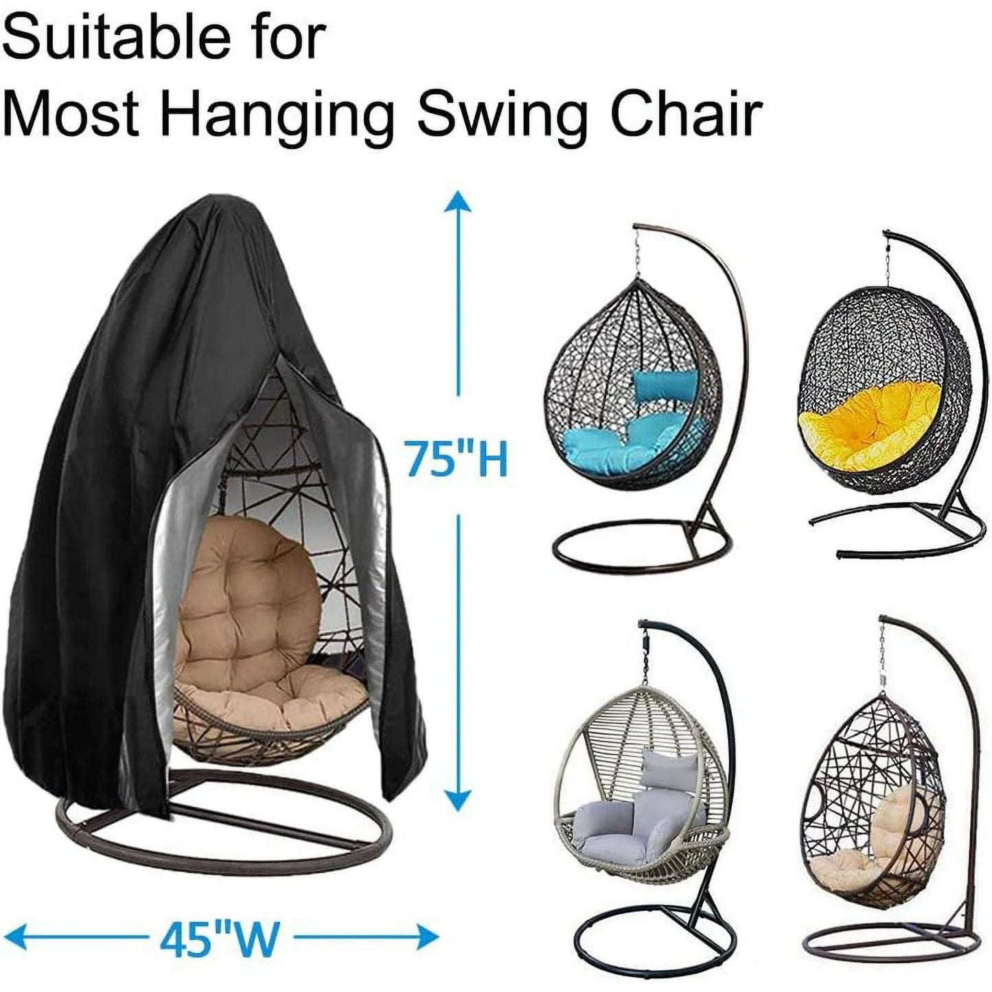 Patio Egg Chair Cover,75 x 45 in Patio Hanging Swing Chair Cover,Large Egg Swing Chair Cover Waterproof /Windproof Heavy Duty Weather Resisatnt Outdoor Furniture Cover with Zipper Drawstring,Black