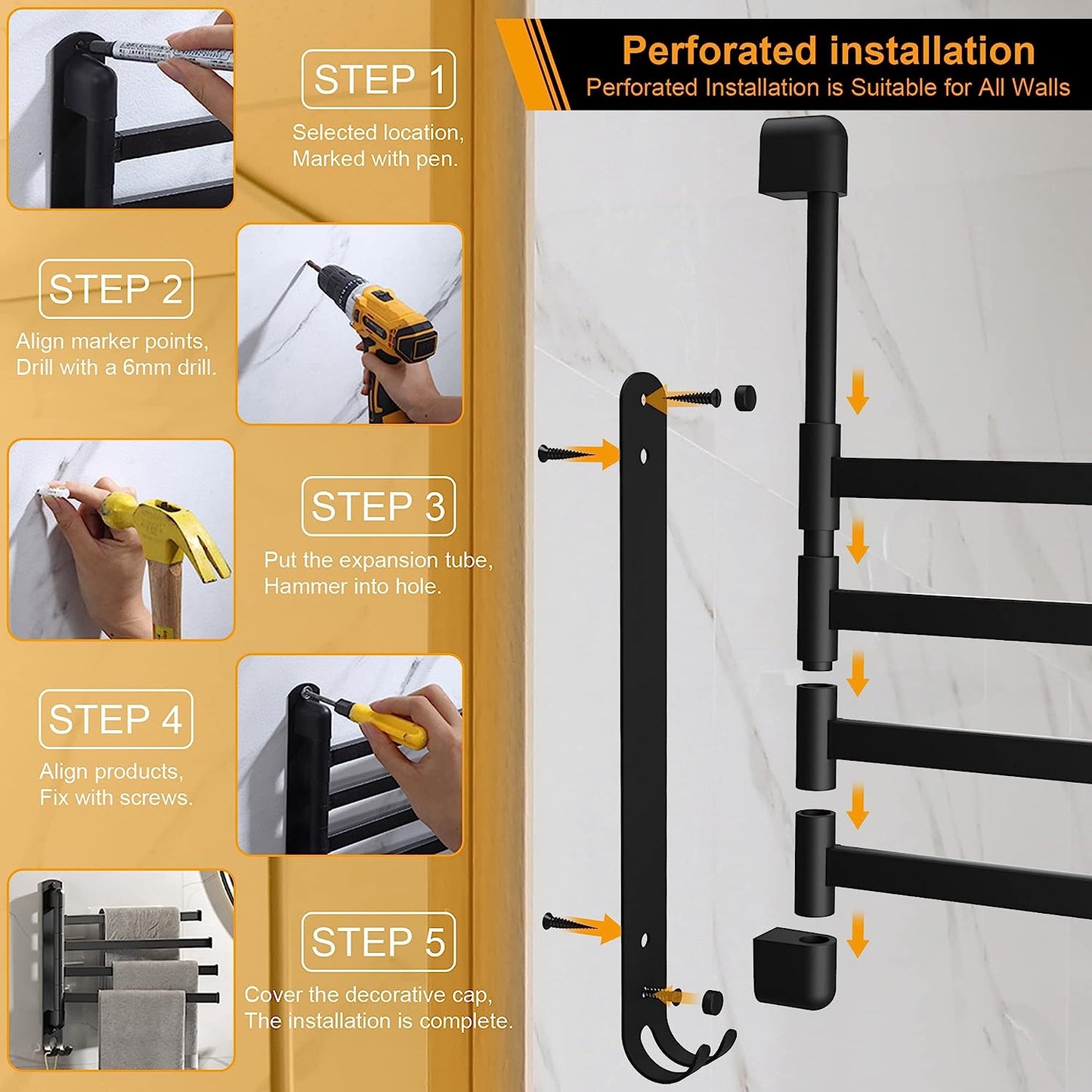 Swivel Towel Rack for Bathroom Towel Holder for Bathroom Wall Mounted Towel Bar with 5-Arm Towel Hanger, Dinosam Rustproof Bathroom Towel Rack 180° Rotation,13 Inch Bathroom Towel Bar