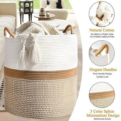 Extra Large Cotton Rope Basket for Storage, Domaci Woven Basket for Organizing, Blanket Basket Clothes Basket Laundry Hamper with Handles (16" x 20")