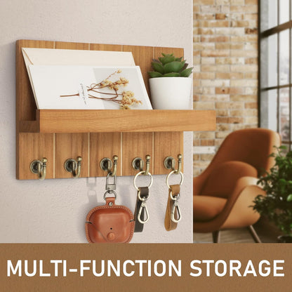 Key Holder for Wall, Domaci Mail Organizer Wall Mount with 5 Key Hooks and Mail Holder, Key Rack Suitable for Entryway, Hallway, Bedroom, Living Room and Office, Brown