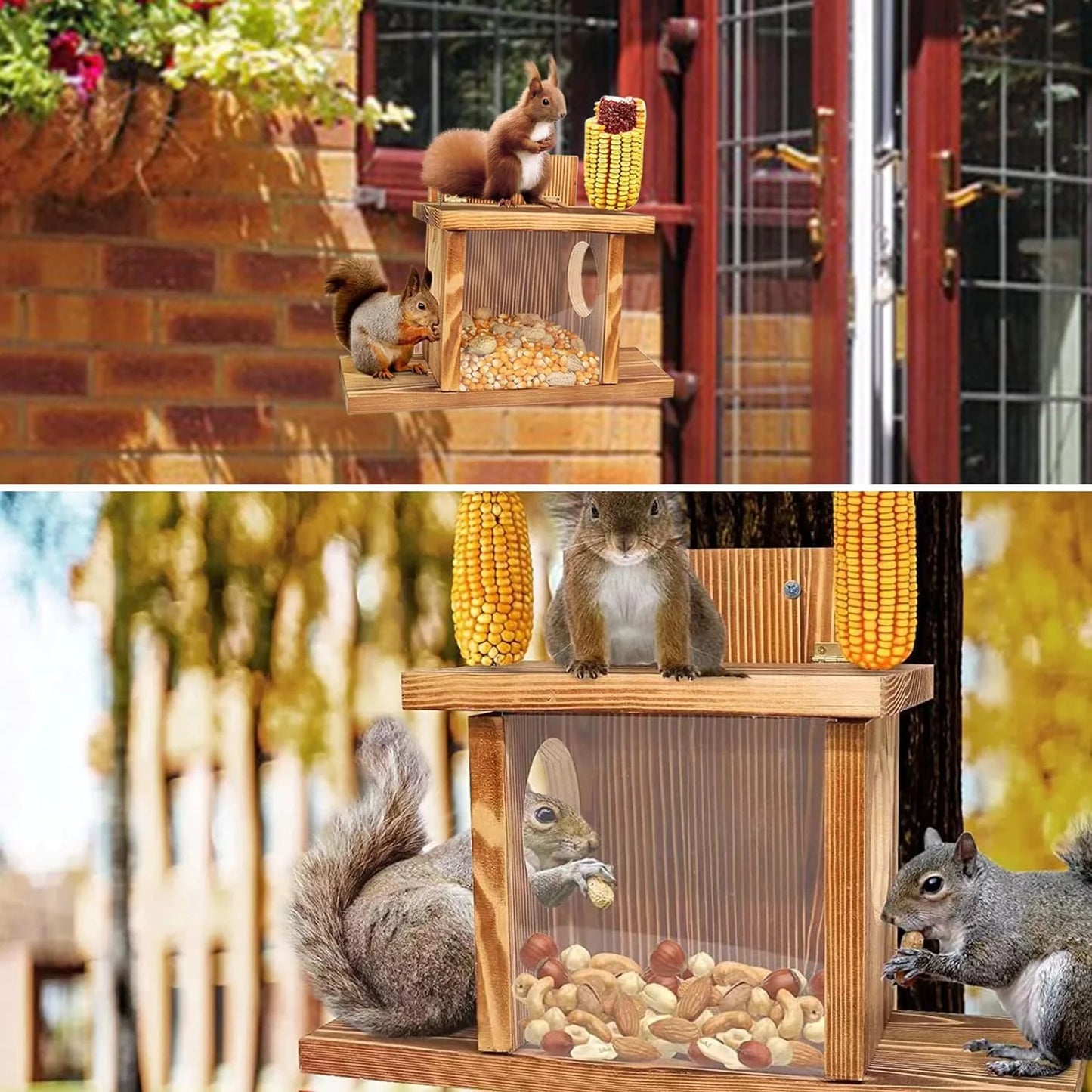 Squirrel Feeder,Squirrel Feeders for Outside Winter,Durable Squirrel House Box Easy to Fill with Removable Front Panel,Wooden Squirrel Food Table Squirrel Picnic Table Feeder,Chipmunk Feeder for Corn